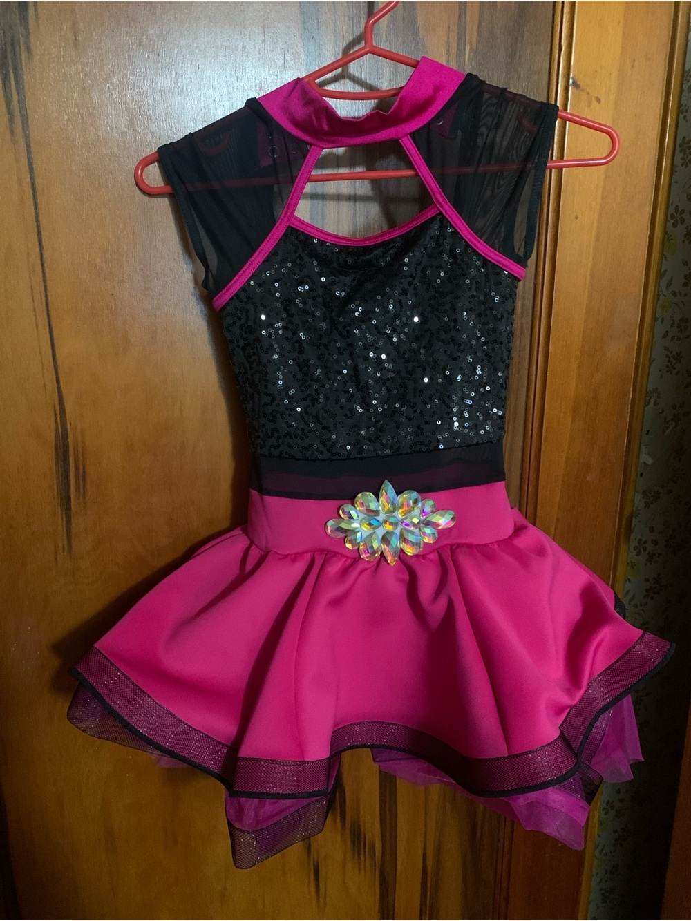 Weissman Hot Pink and Black Sequin Dance Dress with Jewel Accent